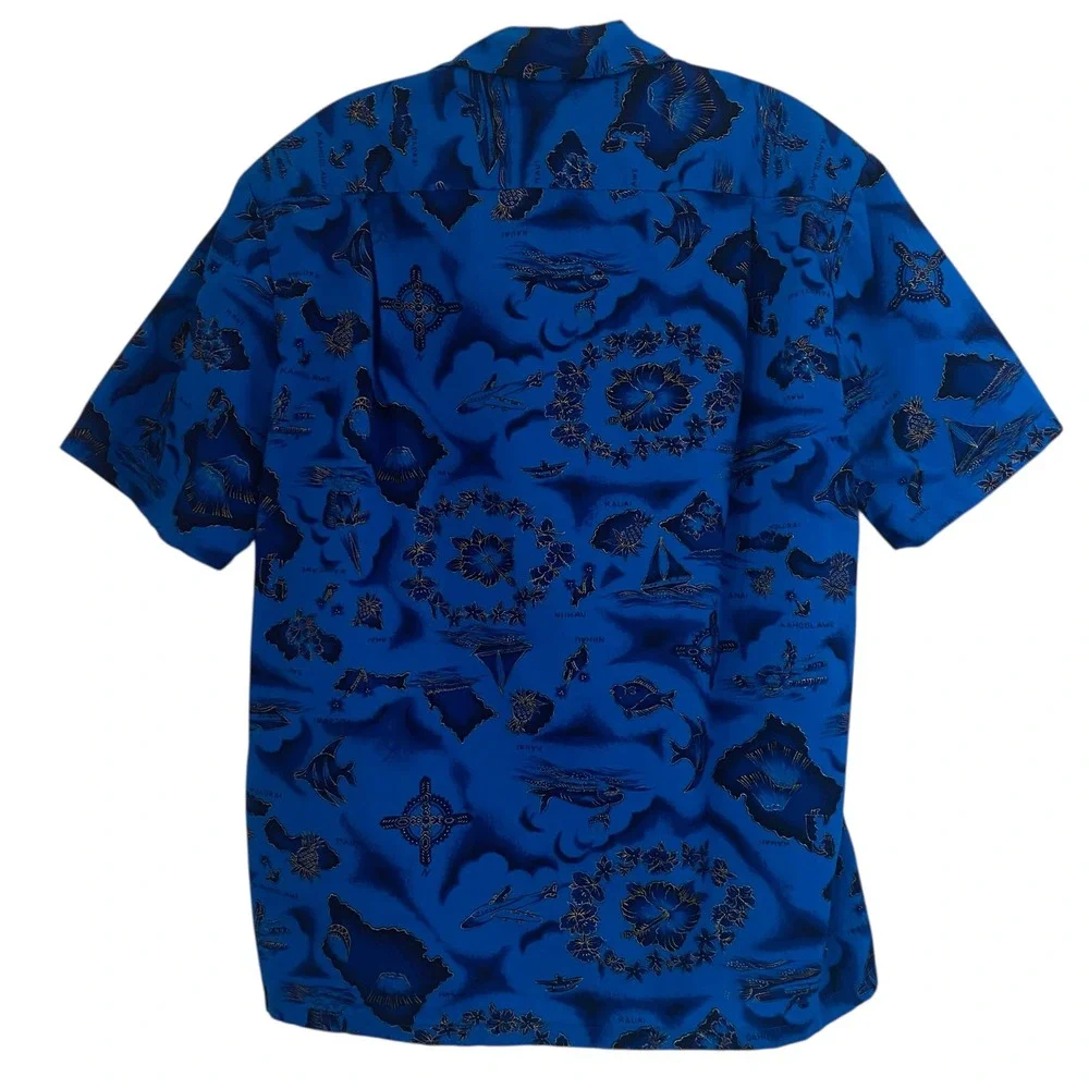 Ui Maikai Hawaiian Shirt VTG Men's Medium‎ Blue Island Map Print Aloha Button Up